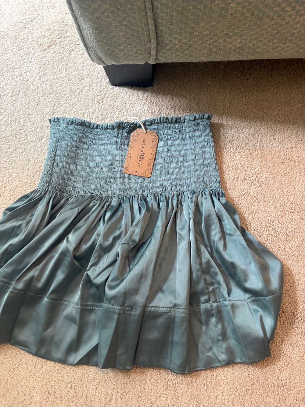 NATURAL LIFE Teal Smocked Waist Satin Skater Mini Skirt